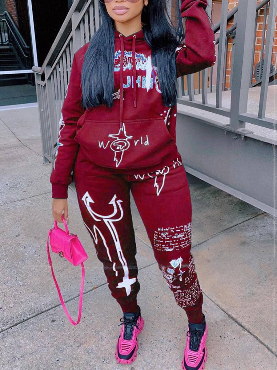 

Lovely Casual Hooded Collar Print Wine Red Plus Size Two-piece Pants Set