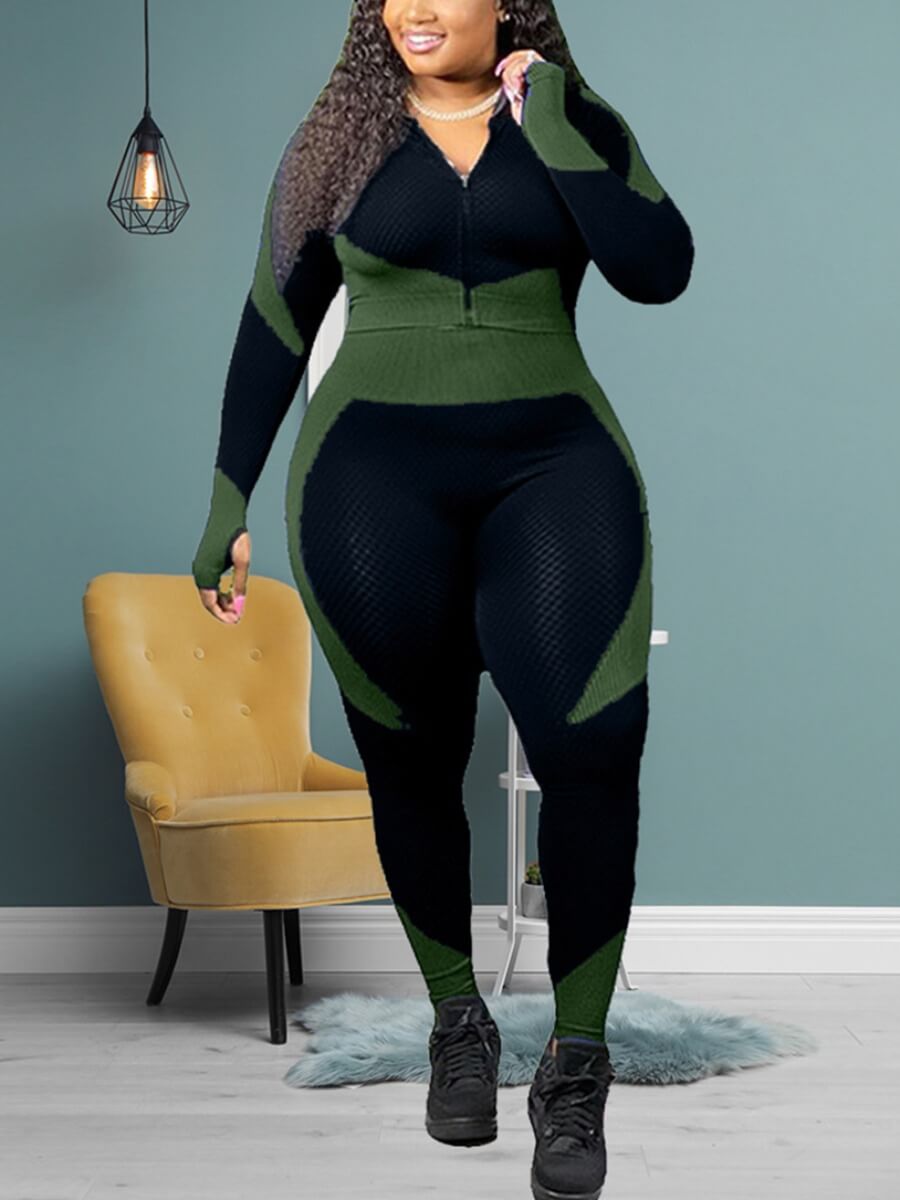 

Lovely Sportswear Turndown Collar Patchwork Green Plus Size Two-piece Pants Set