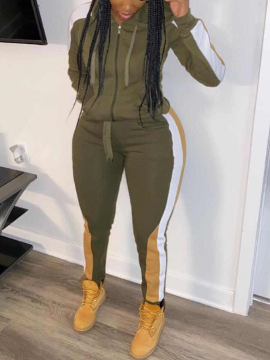 

LW Plus Size Hooded Collar Patchwork Tracksuit Set, Green