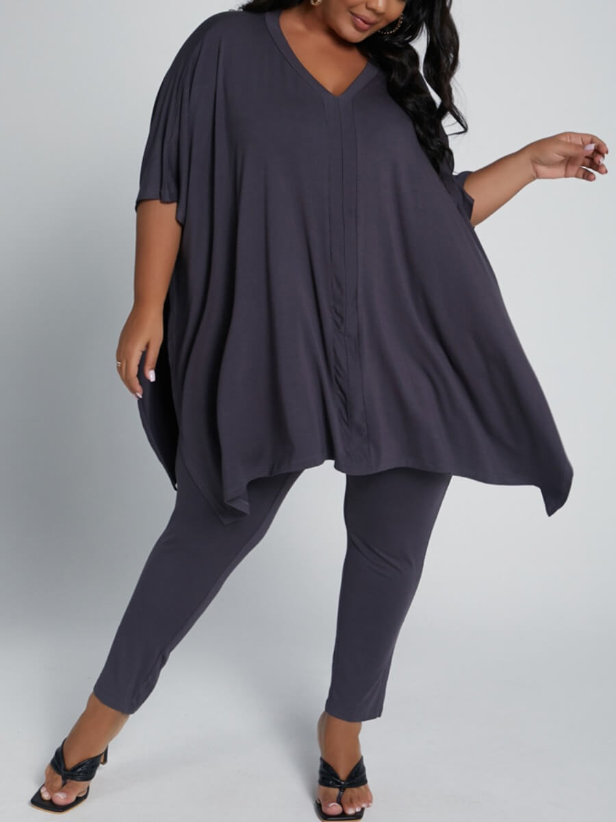 

Lovely Casual V Neck Side Slit Grey Plus Size Two-piece Pants Set