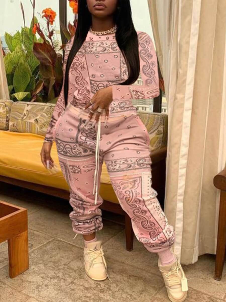 

Lovely Casual O Neck Print Pink Plus Size Two-piece Pants Set