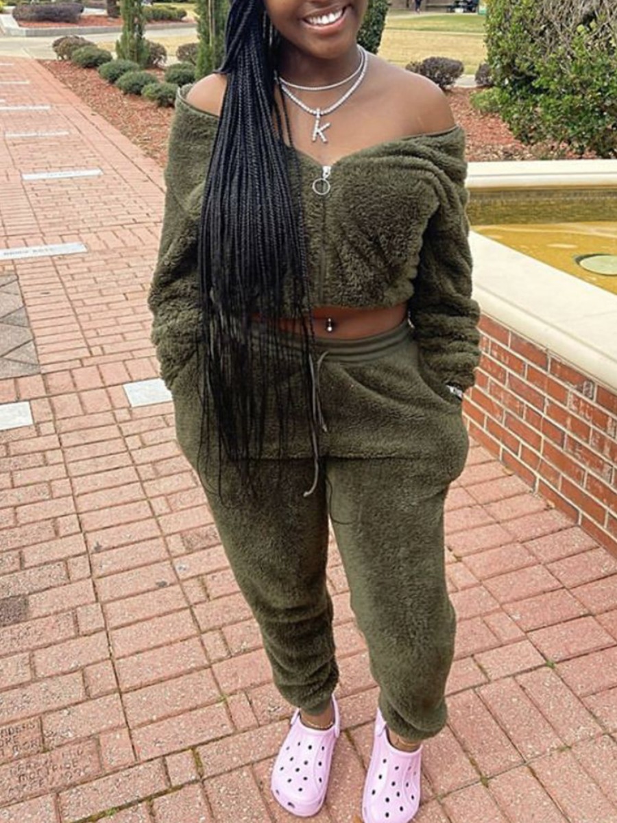 

Lovely Casual Zipper Design Olive Two Piece Pants Set