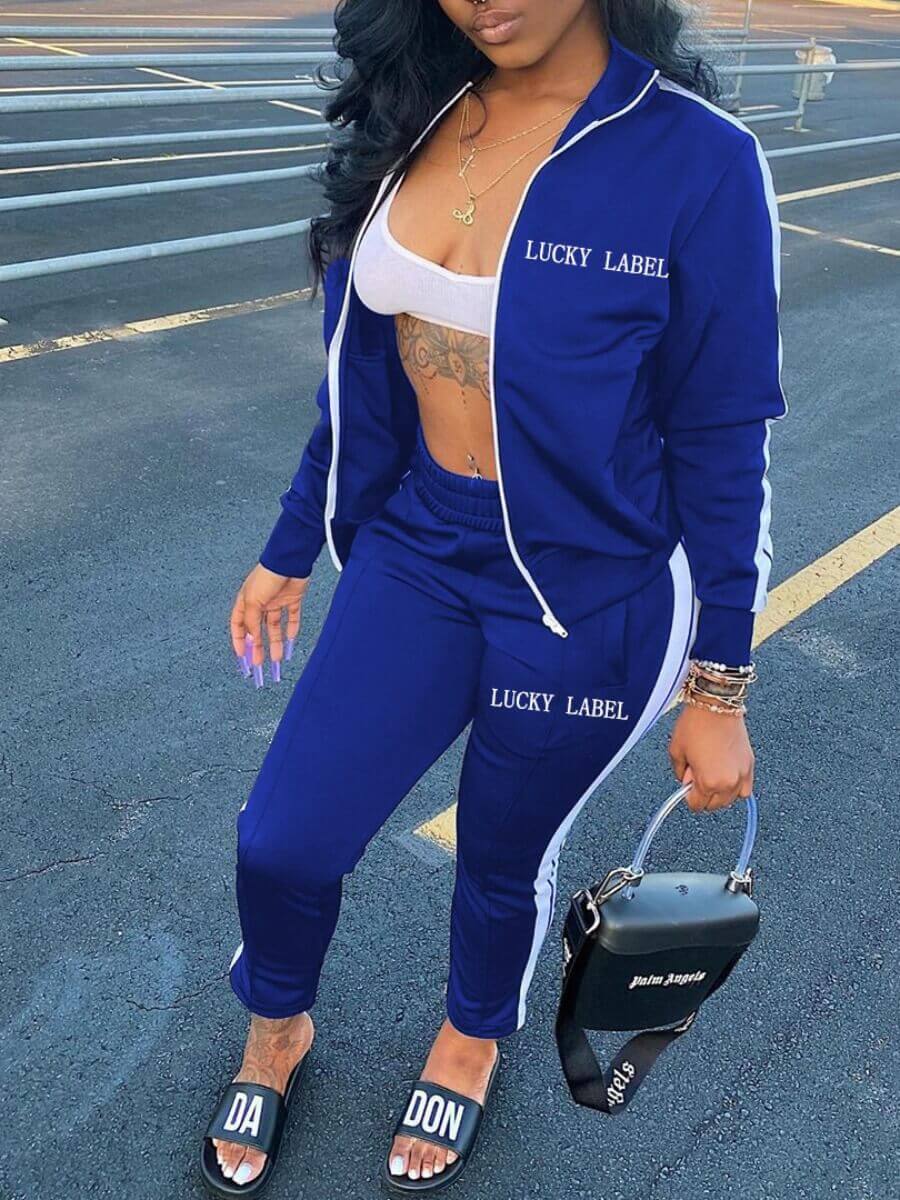 

Lovely Sportswear Letter Patchwork Blue Two Piece Pants Set