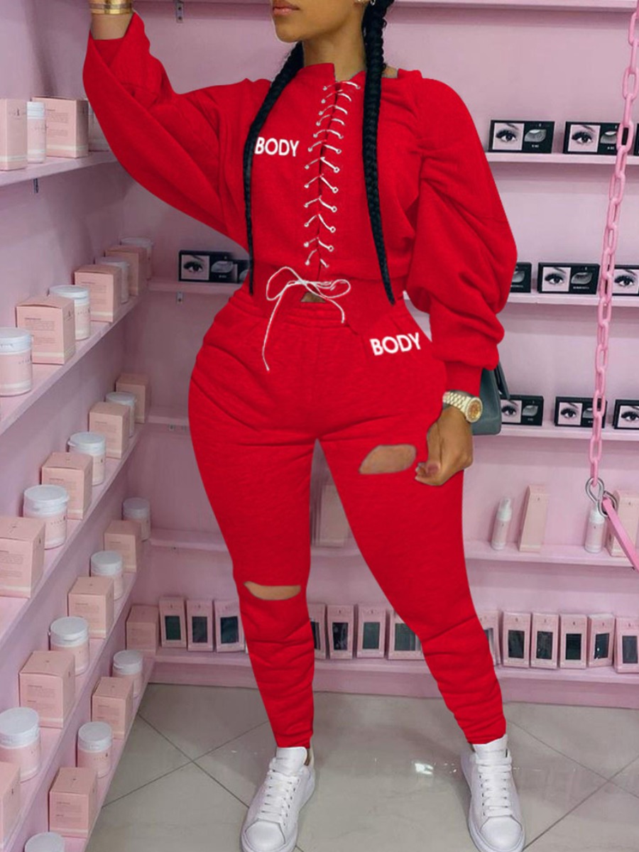 

Lovely Stylish O Neck Bandage Design Red Plus Size Two-piece Pants Set