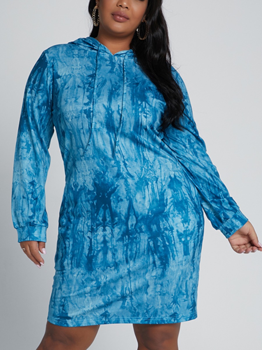 

Lovely Trendy Hooded Collar Tie-dye Blue Mini Plus Size Dress