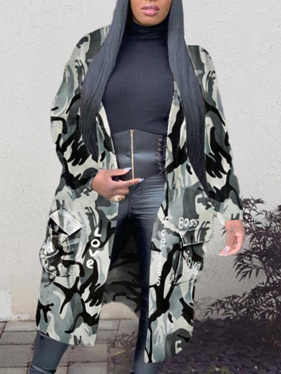 

Lovely Street Turndown Collar Camo Print Grey Long Plus Size Coat