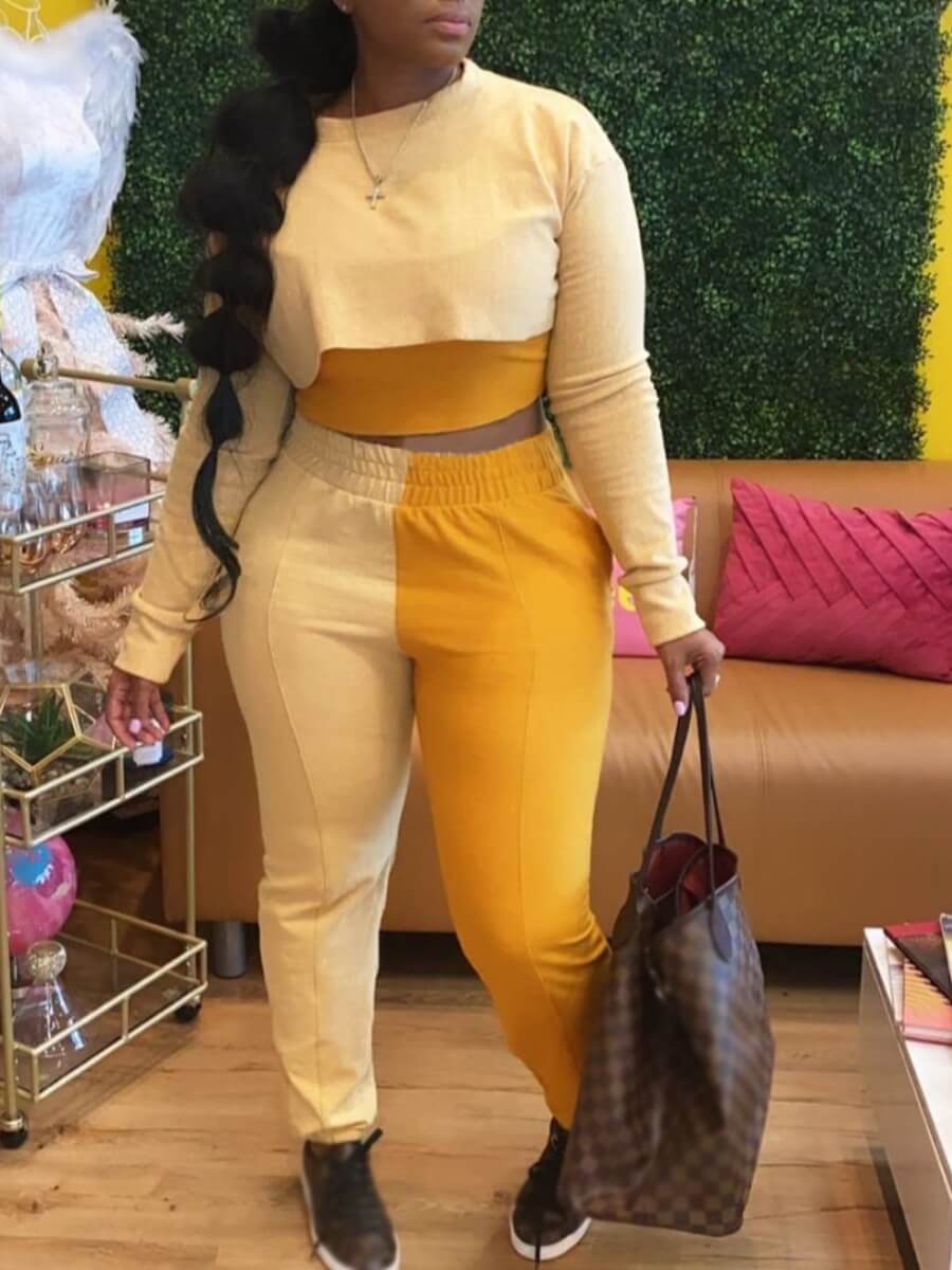 

Lovely Casual O Neck Patchwork Yellow Two Piece Pants Set