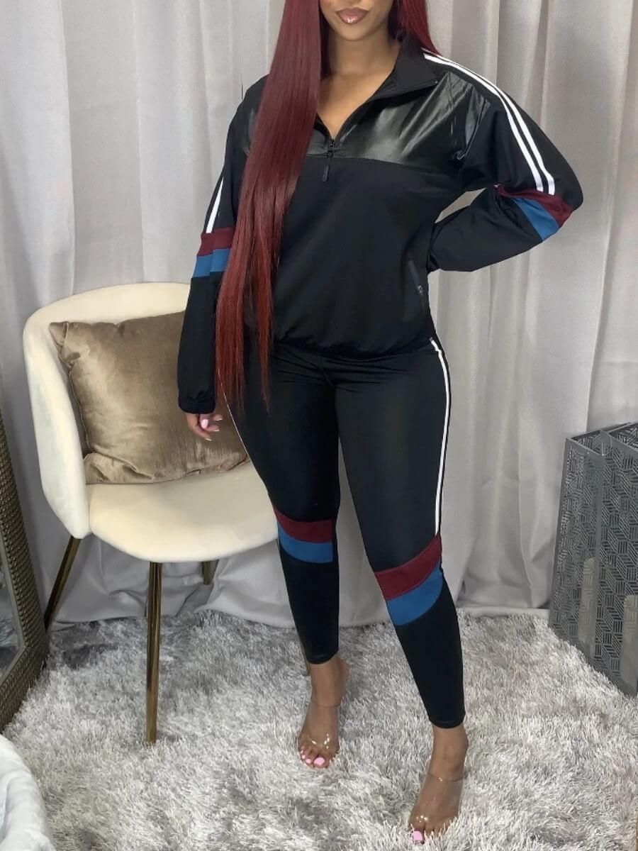 

Lovely Casual Turndown Collar Patchwork Zipper Design Black Two Piece Pants Set