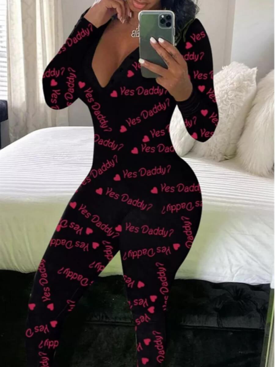 

Lovely Leisure V Neck Letter Print Black Sleepwear