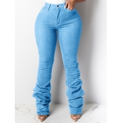 Lovely Casual Fold Design Baby Blue Plus Size Jean