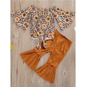 Lovely Girl Stylish O Neck Floral Print Yellow Two