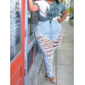 Lovely Casual Broken Holes Baby Blue Plus Size Jea