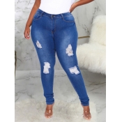 Lovely Trendy Broken Holes Blue Plus Size Jeans