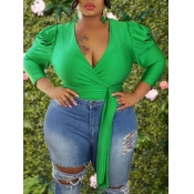 Lovely Trendy V Neck Lace-up Green Plus Size Blous