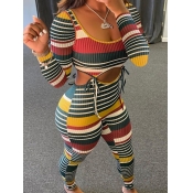 LW Trendy U Neck Lace-up Striped Multicolor Two Pi