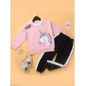 lovely Casual O Neck Cartoon Print Pink Girl Two-p