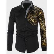 Lovely Men Trendy Turndown Collar Print Black Shir