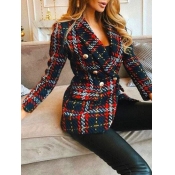 lovely Trendy Turndown Collar Grid Print Red Blaze