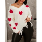 Lovely Trendy V Neck Heart Print White Sweater