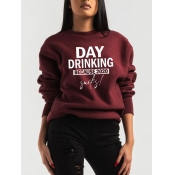 lovely Casual Hooded Collar Letter Print Wine Red 