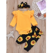 lovely Leisure O Neck Floral Print Yellow Girl Two
