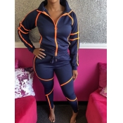 Lovely Sportswear Turndown Collar Patchwork Blue T