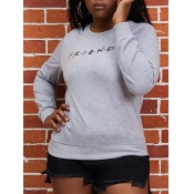 Lovely Casual O Neck Letter Print Grey Hoodie