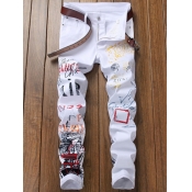 Lovely Men Trendy Print White Jeans
