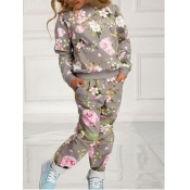 Lovely Sweet O Neck Plants Print Lighr Grey Girl T