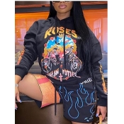 LW Casual Hooded Collar Print Black Hoodie