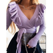 Lovely Sweet V Neck Flounce Design Purple Sweater