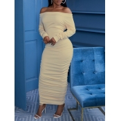 Lovely Casual Dew Shoulder Fold Design Cream-color
