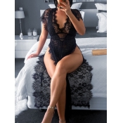 Lovely Sexy V Neck Lace See-through Black Sleepwea