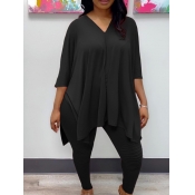 LW Plus Size V Neck Basic Black Pants Set
