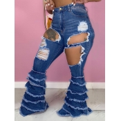 Lovely Street Broken Holes Flared Deep Blue Jeans