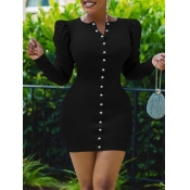 Lovely Sweet Button Design Black Mini Dress