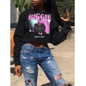 LW Casual O Neck Print Black Hoodie