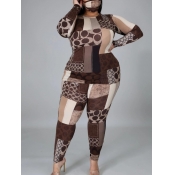 Lovely Plus Size Stylish O Neck Print Brown Two-pi