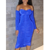 Lovely Sexy Dew Shoulder Fold Design Blue Knee Len