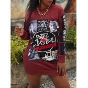 Lovely Street O Neck Print Wine Red Mini Dress