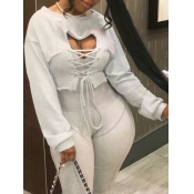 Lovely Trendy O Neck Bandage Design Grey Hoodie