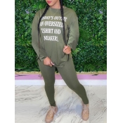 Lovely Casual O Neck Letter Print Green Two Piece 