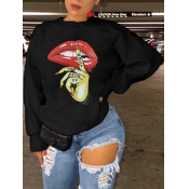 Lovely Casual O Neck Lip Print Black Hoodie