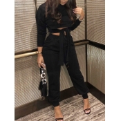 Lovely Sportswear O Neck Lace-up Black Two Piece P