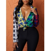Lovely Street Turndown Collar Grid Print Multicolo