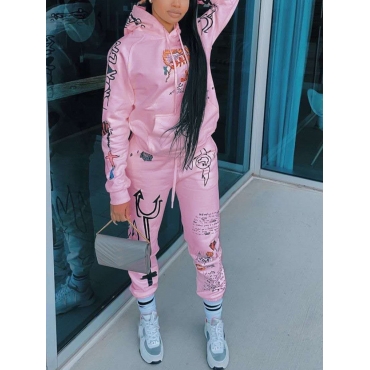 

LW Sportswear Hooded Collar Print Pink Two Piece Pants Set