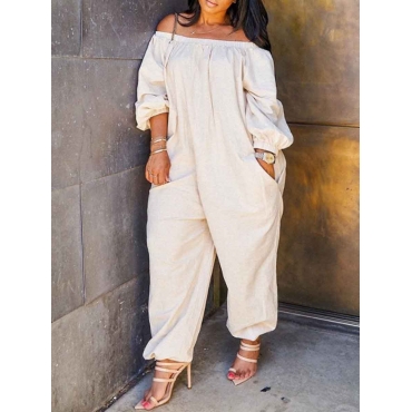 

LW Plus Size Off The Shoulder Pocket Loose Jumpsuit, White