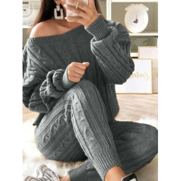 

LW Casual O Neck Striped Grey Two Piece Pants Set