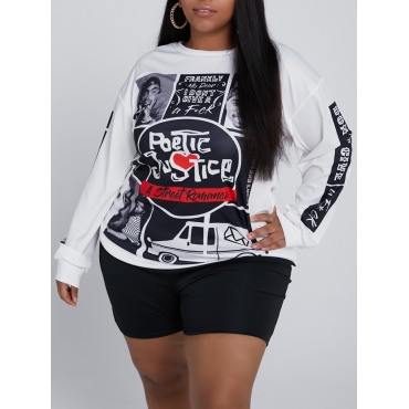 

LW BASICS Plus Size Casual O Neck Print Black Two-piece Shorts Set