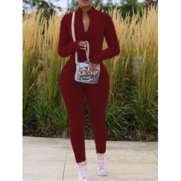 

LW Zipper Design Basic Skinny Jumpsuit, Wine red
